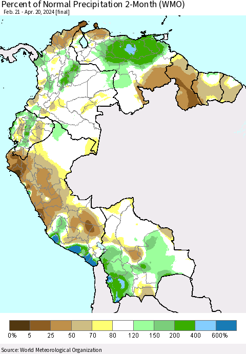 Northern South America Percent of Normal Precipitation 2-Month (WMO) Thematic Map For 2/21/2024 - 4/20/2024