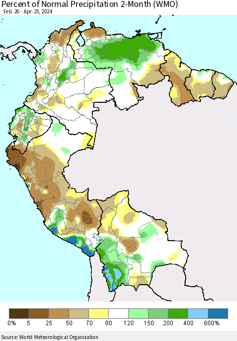 Northern South America Percent of Normal Precipitation 2-Month (WMO) Thematic Map For 2/26/2024 - 4/25/2024