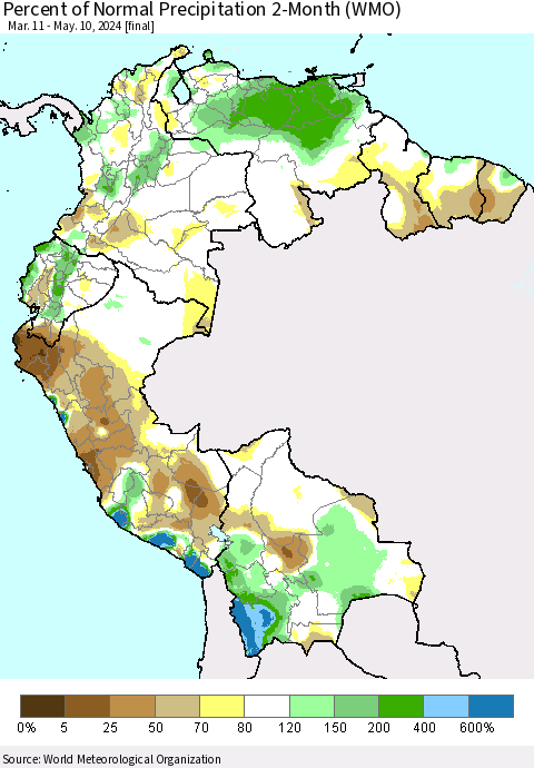 Northern South America Percent of Normal Precipitation 2-Month (WMO) Thematic Map For 3/11/2024 - 5/10/2024