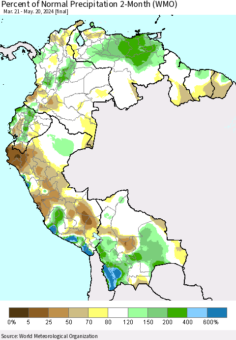 Northern South America Percent of Normal Precipitation 2-Month (WMO) Thematic Map For 3/21/2024 - 5/20/2024