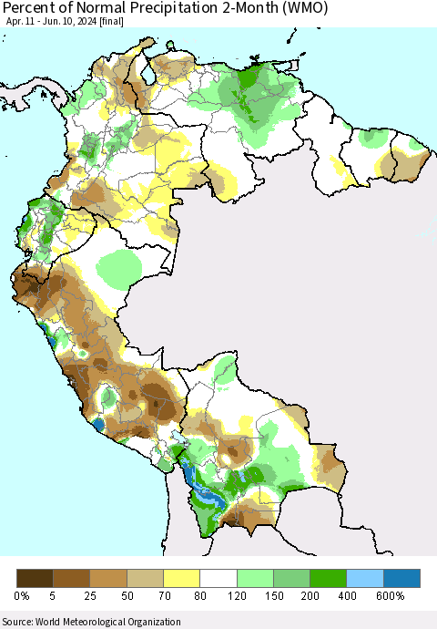 Northern South America Percent of Normal Precipitation 2-Month (WMO) Thematic Map For 4/11/2024 - 6/10/2024