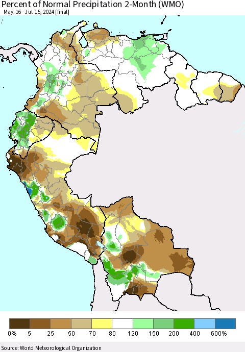 Northern South America Percent of Normal Precipitation 2-Month (WMO) Thematic Map For 5/16/2024 - 7/15/2024