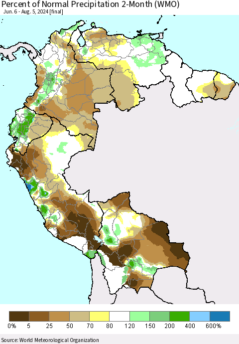 Northern South America Percent of Normal Precipitation 2-Month (WMO) Thematic Map For 6/6/2024 - 8/5/2024