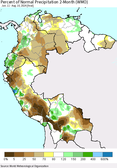 Northern South America Percent of Normal Precipitation 2-Month (WMO) Thematic Map For 6/11/2024 - 8/10/2024