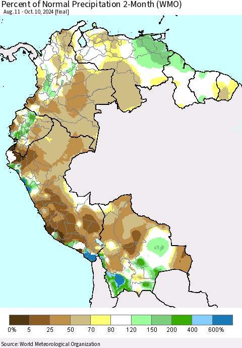 Northern South America Percent of Normal Precipitation 2-Month (WMO) Thematic Map For 8/11/2024 - 10/10/2024