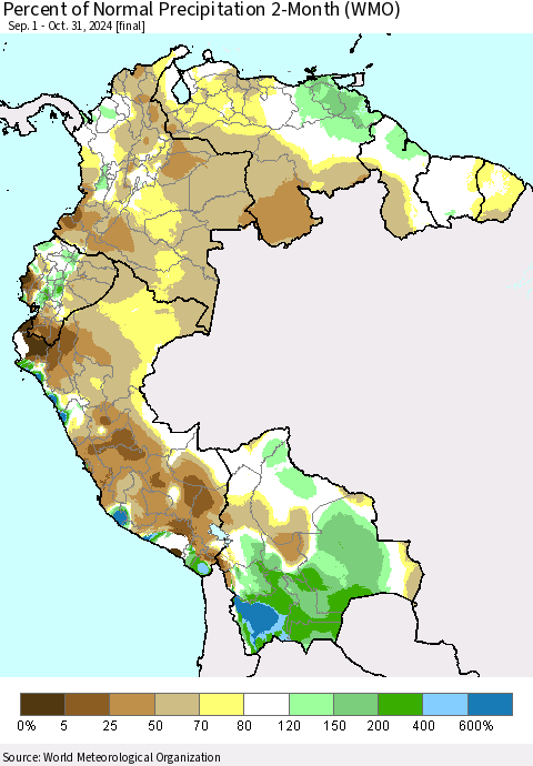 Northern South America Percent of Normal Precipitation 2-Month (WMO) Thematic Map For 9/1/2024 - 10/31/2024