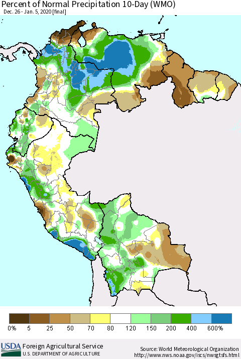 Northern South America Percent of Normal Precipitation 10-Day (WMO) Thematic Map For 12/26/2019 - 1/5/2020