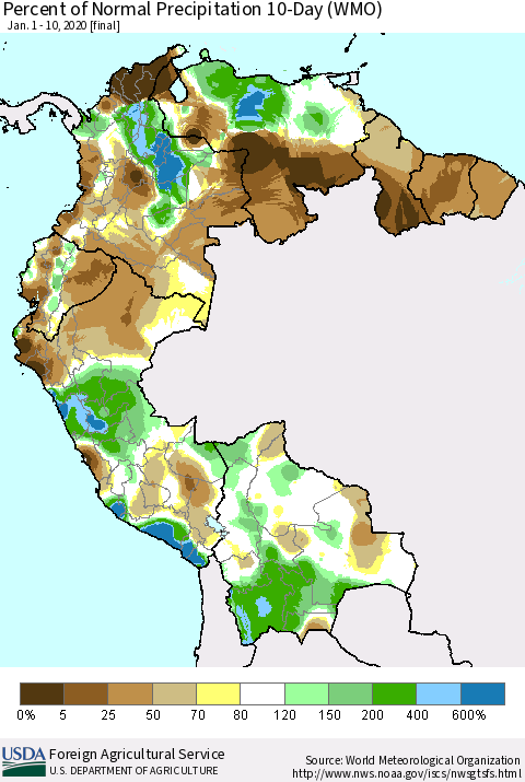 Northern South America Percent of Normal Precipitation 10-Day (WMO) Thematic Map For 1/1/2020 - 1/10/2020