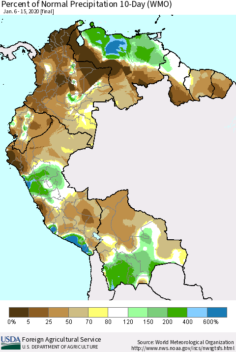 Northern South America Percent of Normal Precipitation 10-Day (WMO) Thematic Map For 1/6/2020 - 1/15/2020