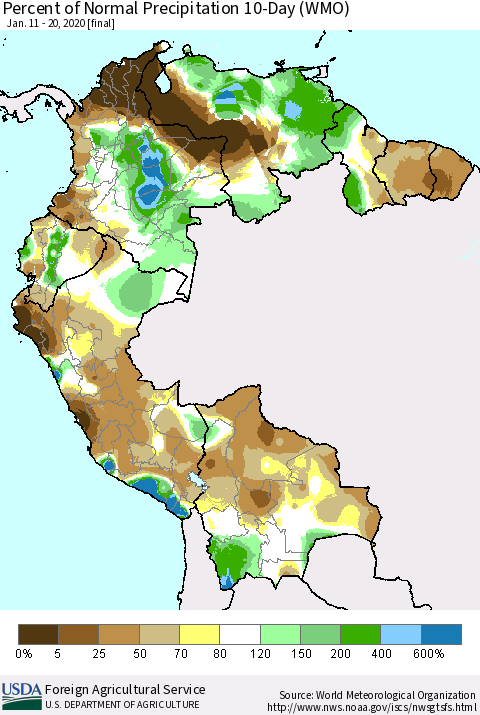 Northern South America Percent of Normal Precipitation 10-Day (WMO) Thematic Map For 1/11/2020 - 1/20/2020