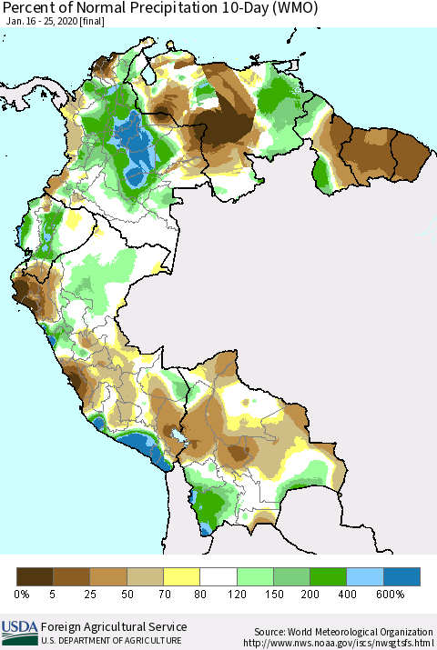 Northern South America Percent of Normal Precipitation 10-Day (WMO) Thematic Map For 1/16/2020 - 1/25/2020