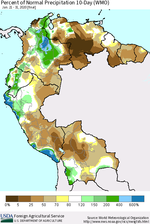 Northern South America Percent of Normal Precipitation 10-Day (WMO) Thematic Map For 1/21/2020 - 1/31/2020