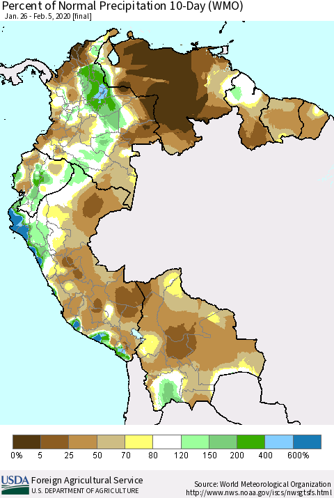 Northern South America Percent of Normal Precipitation 10-Day (WMO) Thematic Map For 1/26/2020 - 2/5/2020