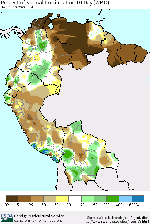 Northern South America Percent of Normal Precipitation 10-Day (WMO) Thematic Map For 2/1/2020 - 2/10/2020