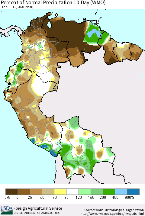 Northern South America Percent of Normal Precipitation 10-Day (WMO) Thematic Map For 2/6/2020 - 2/15/2020