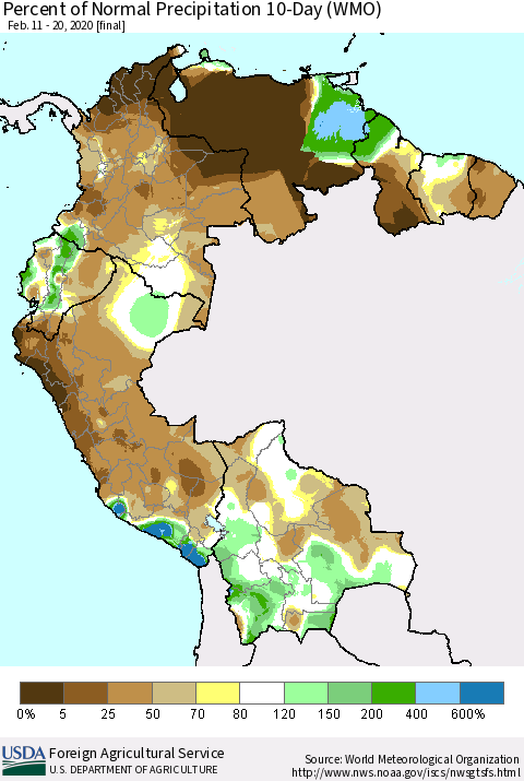 Northern South America Percent of Normal Precipitation 10-Day (WMO) Thematic Map For 2/11/2020 - 2/20/2020