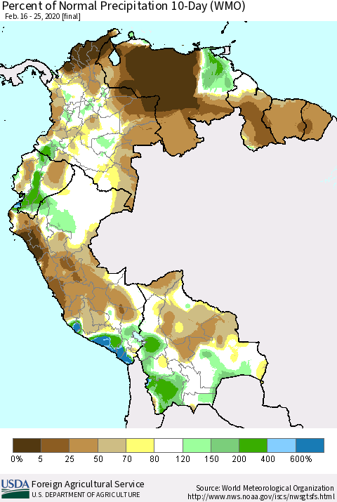 Northern South America Percent of Normal Precipitation 10-Day (WMO) Thematic Map For 2/16/2020 - 2/25/2020