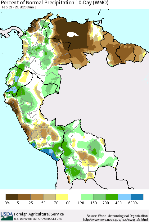 Northern South America Percent of Normal Precipitation 10-Day (WMO) Thematic Map For 2/21/2020 - 2/29/2020