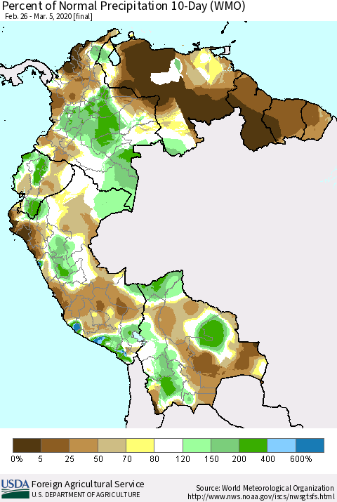 Northern South America Percent of Normal Precipitation 10-Day (WMO) Thematic Map For 2/26/2020 - 3/5/2020