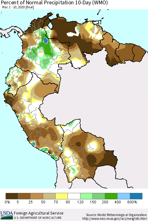 Northern South America Percent of Normal Precipitation 10-Day (WMO) Thematic Map For 3/1/2020 - 3/10/2020