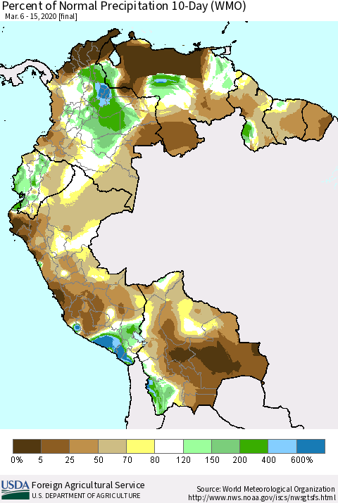 Northern South America Percent of Normal Precipitation 10-Day (WMO) Thematic Map For 3/6/2020 - 3/15/2020