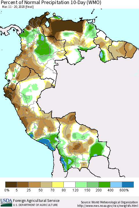 Northern South America Percent of Normal Precipitation 10-Day (WMO) Thematic Map For 3/11/2020 - 3/20/2020