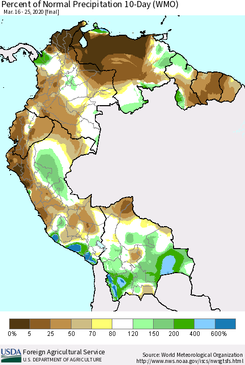 Northern South America Percent of Normal Precipitation 10-Day (WMO) Thematic Map For 3/16/2020 - 3/25/2020