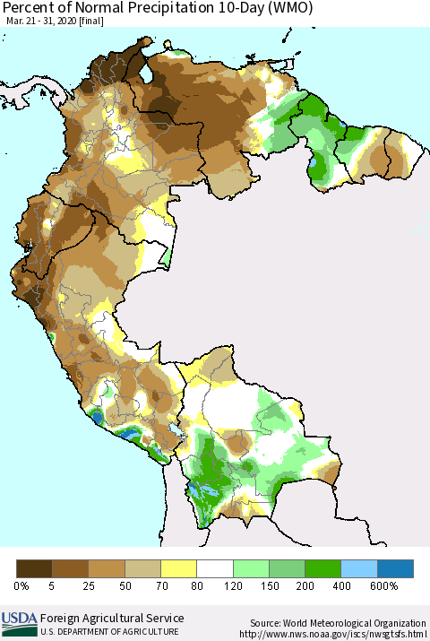 Northern South America Percent of Normal Precipitation 10-Day (WMO) Thematic Map For 3/21/2020 - 3/31/2020