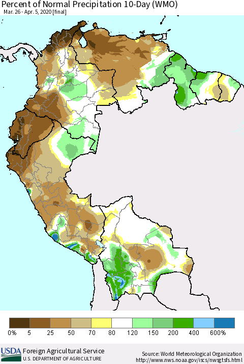 Northern South America Percent of Normal Precipitation 10-Day (WMO) Thematic Map For 3/26/2020 - 4/5/2020