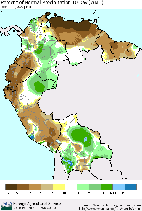 Northern South America Percent of Normal Precipitation 10-Day (WMO) Thematic Map For 4/1/2020 - 4/10/2020