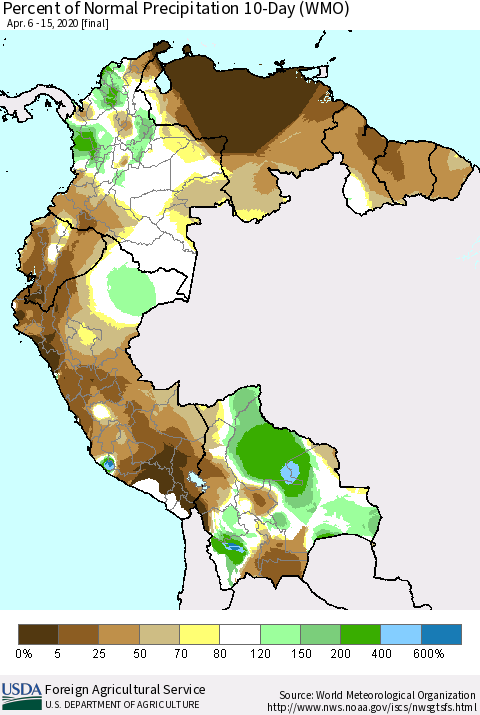 Northern South America Percent of Normal Precipitation 10-Day (WMO) Thematic Map For 4/6/2020 - 4/15/2020
