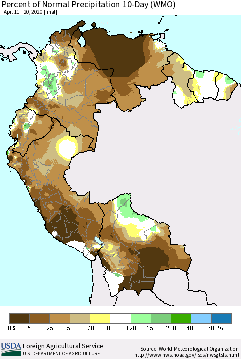 Northern South America Percent of Normal Precipitation 10-Day (WMO) Thematic Map For 4/11/2020 - 4/20/2020