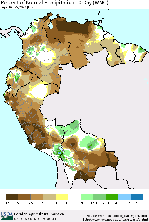 Northern South America Percent of Normal Precipitation 10-Day (WMO) Thematic Map For 4/16/2020 - 4/25/2020