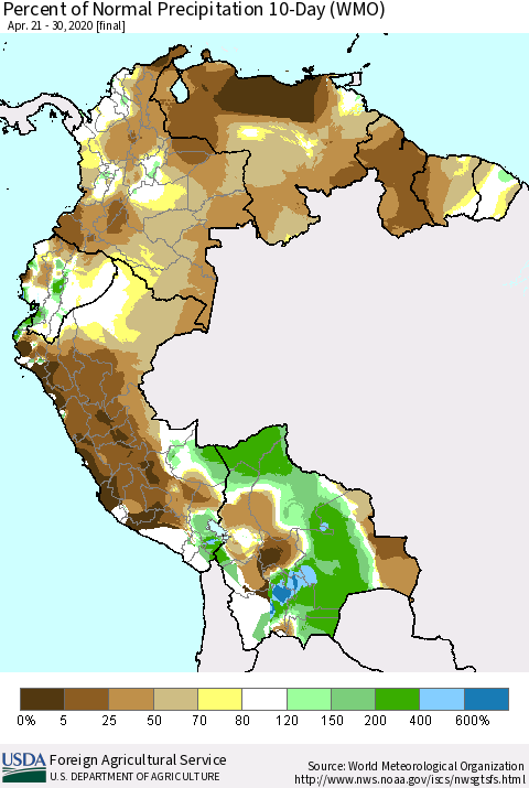 Northern South America Percent of Normal Precipitation 10-Day (WMO) Thematic Map For 4/21/2020 - 4/30/2020