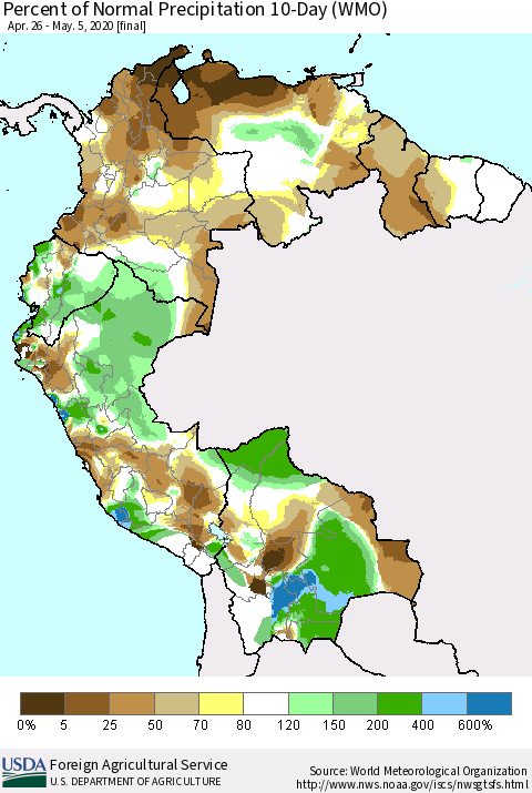 Northern South America Percent of Normal Precipitation 10-Day (WMO) Thematic Map For 4/26/2020 - 5/5/2020