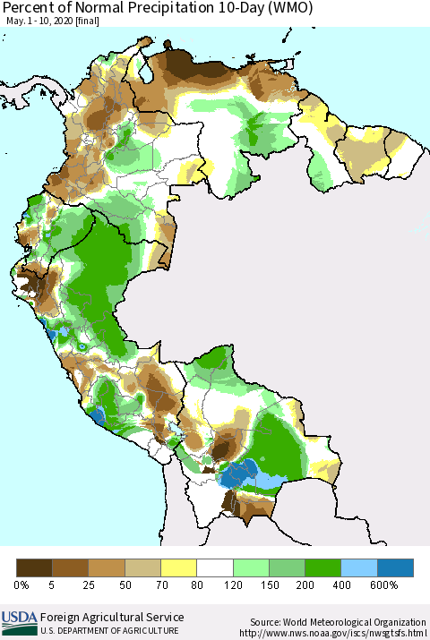 Northern South America Percent of Normal Precipitation 10-Day (WMO) Thematic Map For 5/1/2020 - 5/10/2020
