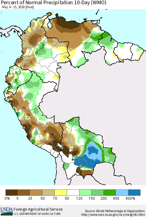 Northern South America Percent of Normal Precipitation 10-Day (WMO) Thematic Map For 5/6/2020 - 5/15/2020