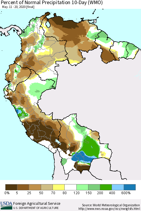 Northern South America Percent of Normal Precipitation 10-Day (WMO) Thematic Map For 5/11/2020 - 5/20/2020