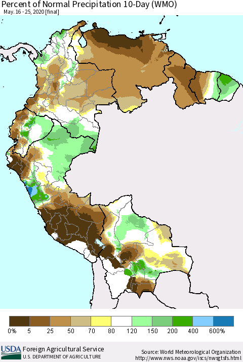 Northern South America Percent of Normal Precipitation 10-Day (WMO) Thematic Map For 5/16/2020 - 5/25/2020
