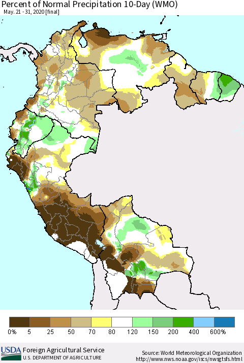 Northern South America Percent of Normal Precipitation 10-Day (WMO) Thematic Map For 5/21/2020 - 5/31/2020