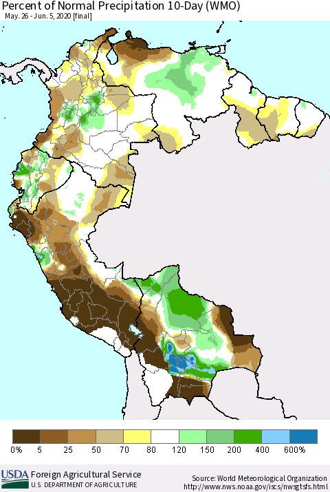 Northern South America Percent of Normal Precipitation 10-Day (WMO) Thematic Map For 5/26/2020 - 6/5/2020