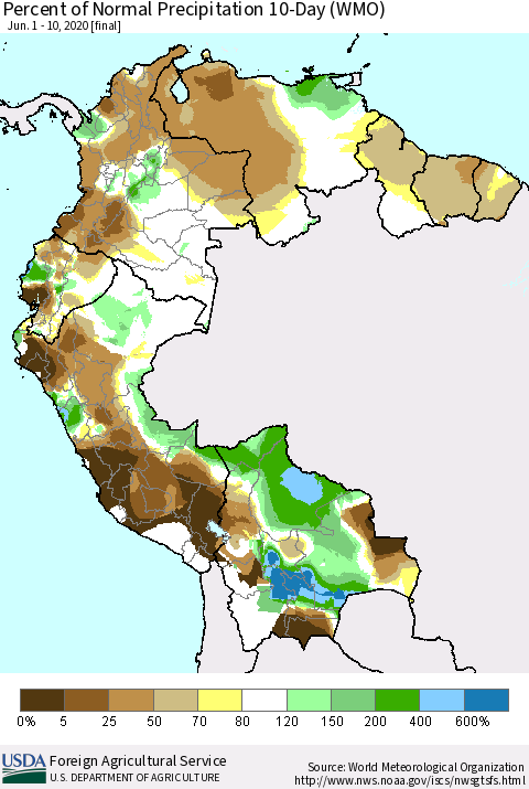 Northern South America Percent of Normal Precipitation 10-Day (WMO) Thematic Map For 6/1/2020 - 6/10/2020