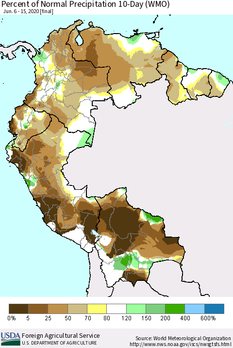 Northern South America Percent of Normal Precipitation 10-Day (WMO) Thematic Map For 6/6/2020 - 6/15/2020