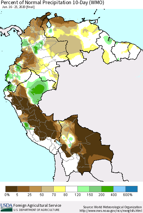 Northern South America Percent of Normal Precipitation 10-Day (WMO) Thematic Map For 6/16/2020 - 6/25/2020