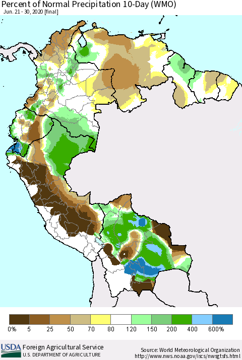 Northern South America Percent of Normal Precipitation 10-Day (WMO) Thematic Map For 6/21/2020 - 6/30/2020
