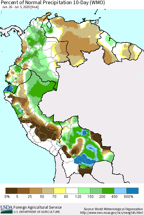 Northern South America Percent of Normal Precipitation 10-Day (WMO) Thematic Map For 6/26/2020 - 7/5/2020