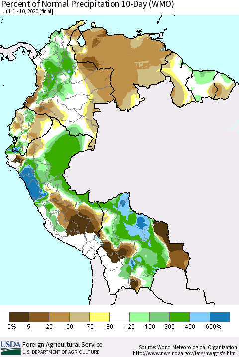 Northern South America Percent of Normal Precipitation 10-Day (WMO) Thematic Map For 7/1/2020 - 7/10/2020