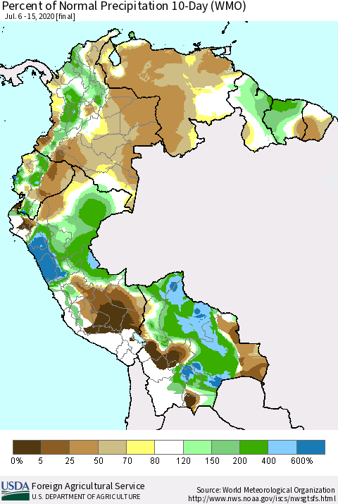 Northern South America Percent of Normal Precipitation 10-Day (WMO) Thematic Map For 7/6/2020 - 7/15/2020