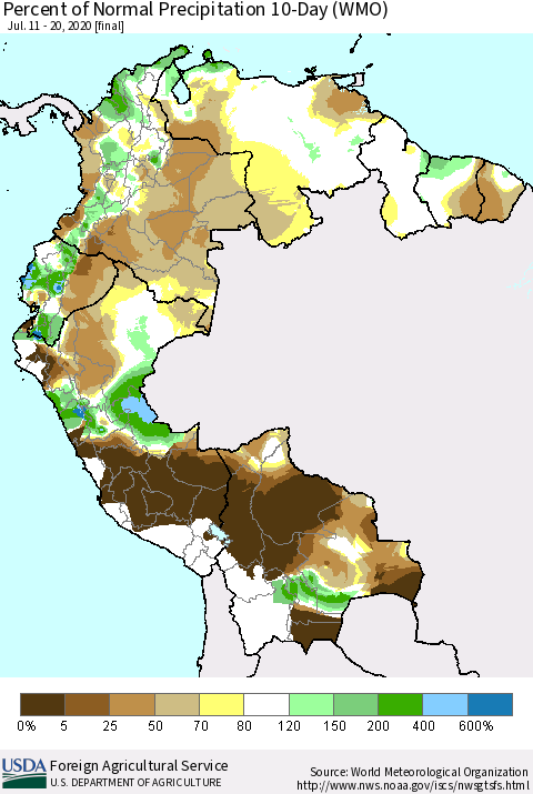 Northern South America Percent of Normal Precipitation 10-Day (WMO) Thematic Map For 7/11/2020 - 7/20/2020