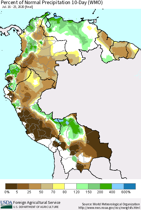 Northern South America Percent of Normal Precipitation 10-Day (WMO) Thematic Map For 7/16/2020 - 7/25/2020